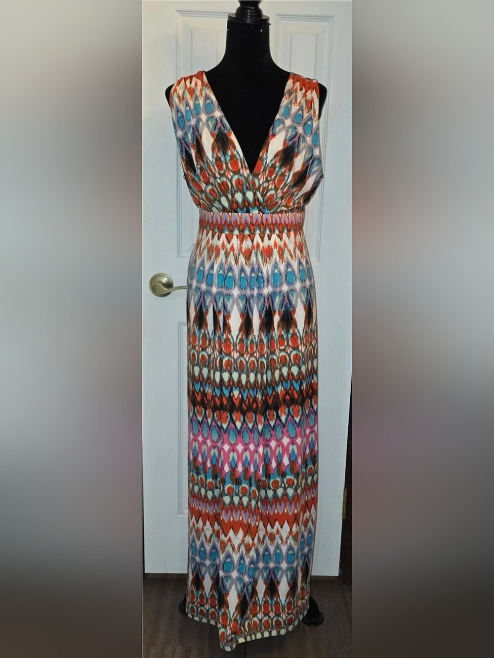 New Directions Boho Ikat Print Maxi Dress XL Sleeveless Wrap V-Neck Tie Waist
